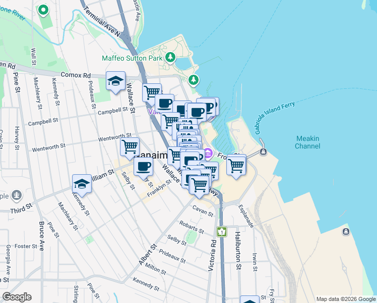 map of restaurants, bars, coffee shops, grocery stores, and more near 87 Commercial Street in Nanaimo