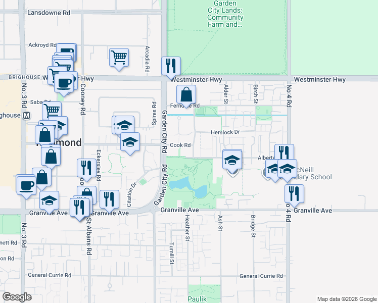 map of restaurants, bars, coffee shops, grocery stores, and more near 6333 Katsura Street in Richmond
