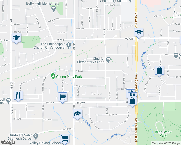 map of restaurants, bars, coffee shops, grocery stores, and more near 13306 90 Avenue in Surrey
