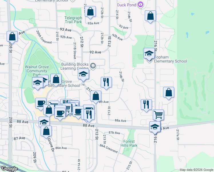 map of restaurants, bars, coffee shops, grocery stores, and more near 8965 213 Street in Langley Township