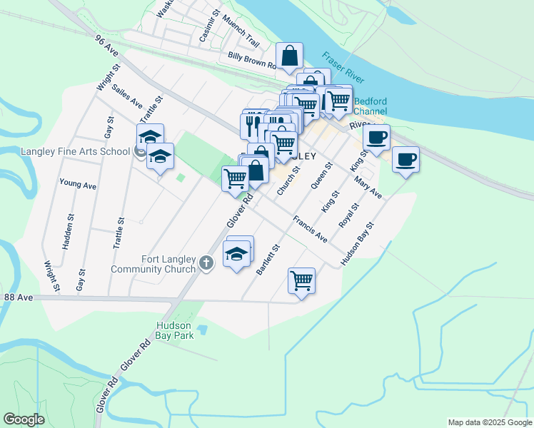 map of restaurants, bars, coffee shops, grocery stores, and more near 23211 Saint Andrews Avenue in Langley Township