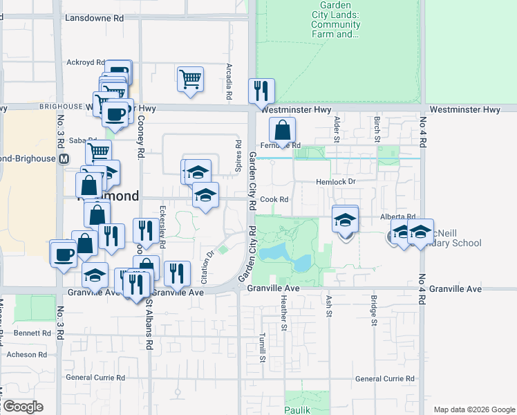 map of restaurants, bars, coffee shops, grocery stores, and more near 9188 Cook Road in Richmond