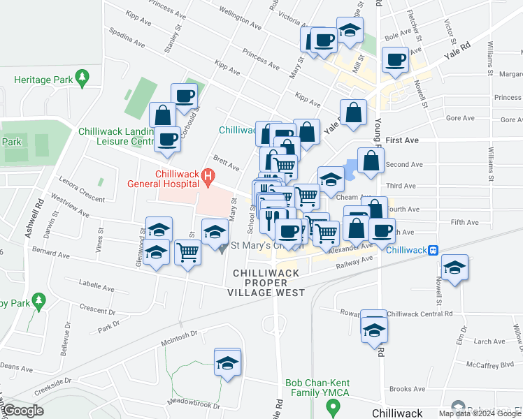 map of restaurants, bars, coffee shops, grocery stores, and more near 45863 Yale Road in Chilliwack