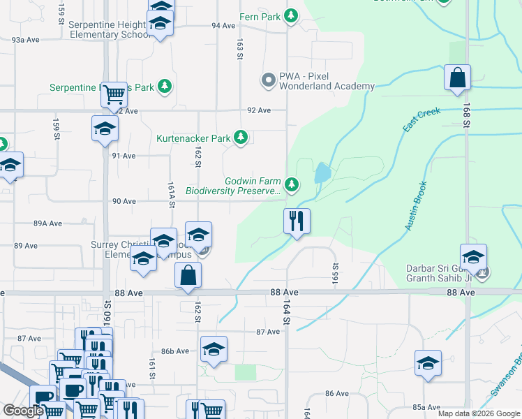 map of restaurants, bars, coffee shops, grocery stores, and more near 16358 90 Avenue in Surrey