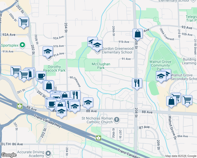 map of restaurants, bars, coffee shops, grocery stores, and more near 20575 89B Avenue in Langley Township