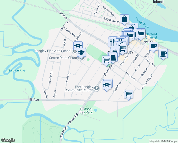 map of restaurants, bars, coffee shops, grocery stores, and more near 9002 Nash Street in Langley Township