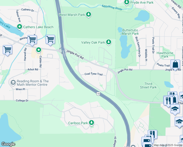 map of restaurants, bars, coffee shops, grocery stores, and more near Coal Tyee Trail in Nanaimo