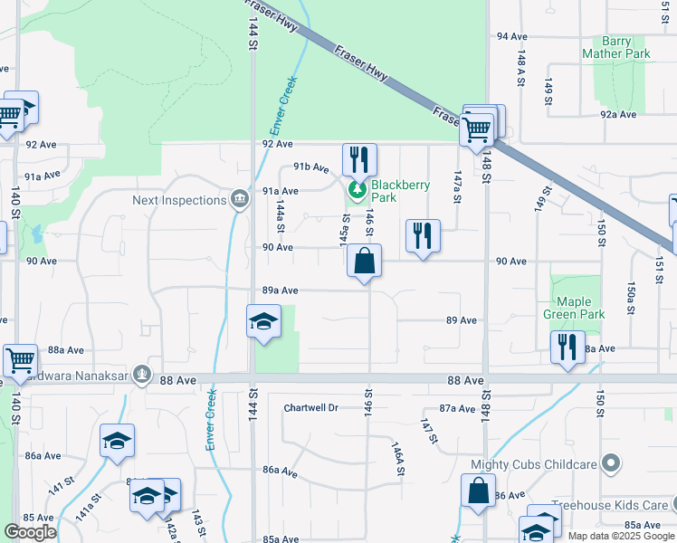 map of restaurants, bars, coffee shops, grocery stores, and more near 8971 145A Street in Surrey