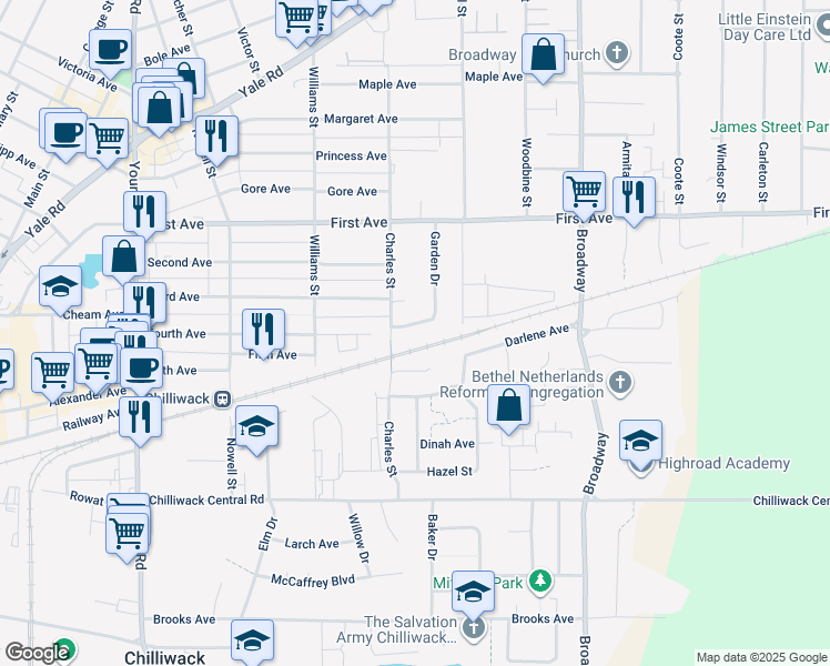 map of restaurants, bars, coffee shops, grocery stores, and more near 9030 Garden Drive in Chilliwack