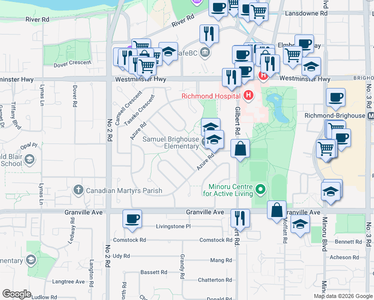 map of restaurants, bars, coffee shops, grocery stores, and more near 6360 Nadine Crescent in Richmond