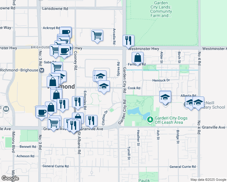 map of restaurants, bars, coffee shops, grocery stores, and more near 8800 Cook Road in Richmond