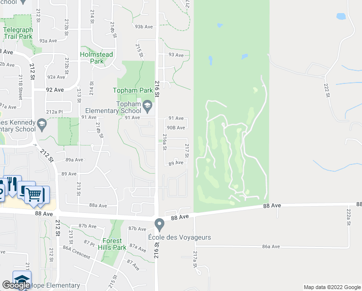 map of restaurants, bars, coffee shops, grocery stores, and more near 21671 89A Avenue in Langley City