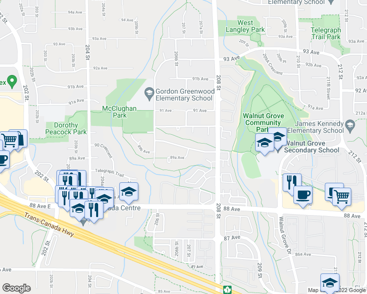 map of restaurants, bars, coffee shops, grocery stores, and more near 20662 90 Avenue in Langley