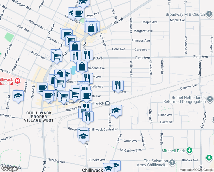 map of restaurants, bars, coffee shops, grocery stores, and more near 9045 Fourth Avenue in Chilliwack