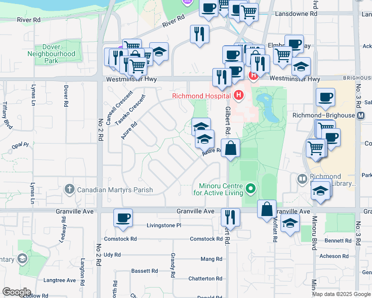 map of restaurants, bars, coffee shops, grocery stores, and more near 6391 Nadine Crescent in Richmond