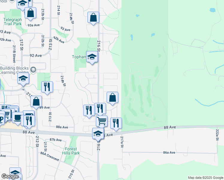 map of restaurants, bars, coffee shops, grocery stores, and more near 21671 89A Avenue in Langley Township
