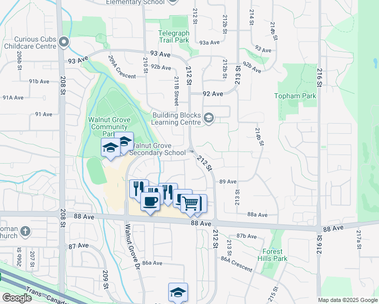 map of restaurants, bars, coffee shops, grocery stores, and more near in Langley Township