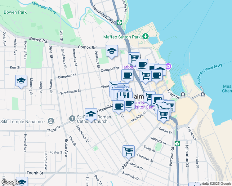 map of restaurants, bars, coffee shops, grocery stores, and more near 418 Fitzwilliam Street in Nanaimo