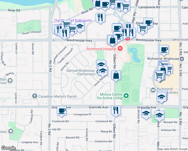 map of restaurants, bars, coffee shops, grocery stores, and more near 6391 Nadine Crescent in Richmond