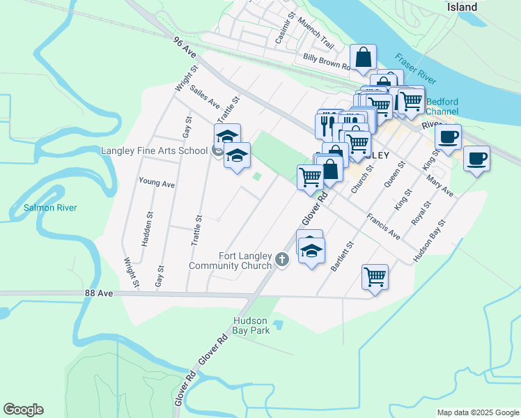 map of restaurants, bars, coffee shops, grocery stores, and more near 9002 Nash Street in Langley