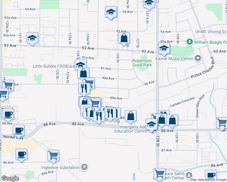 map of restaurants, bars, coffee shops, grocery stores, and more near 12570 90 Avenue in Surrey