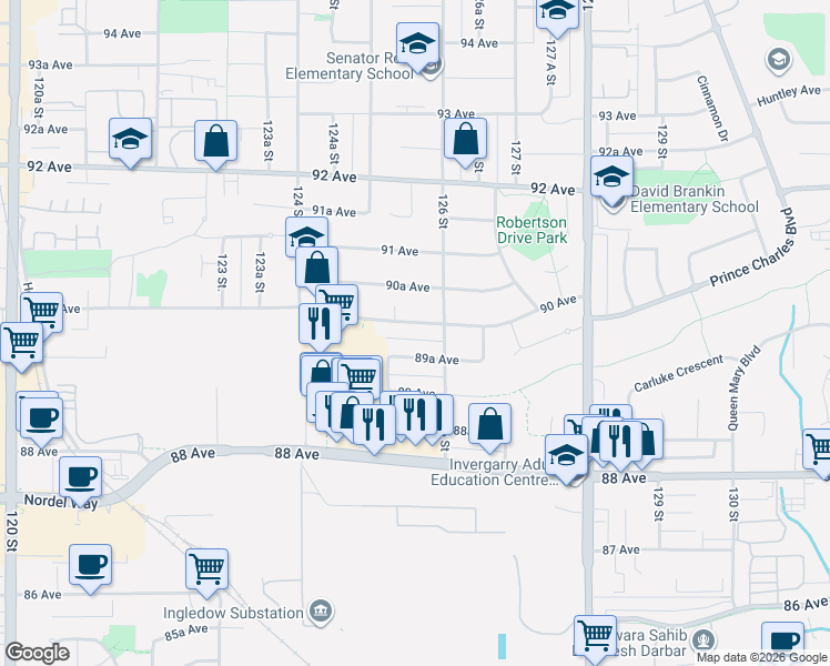 map of restaurants, bars, coffee shops, grocery stores, and more near 12560 90 Avenue in Surrey
