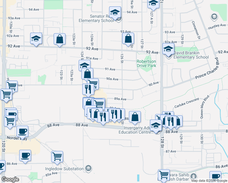 map of restaurants, bars, coffee shops, grocery stores, and more near 12560 90 Avenue in Surrey