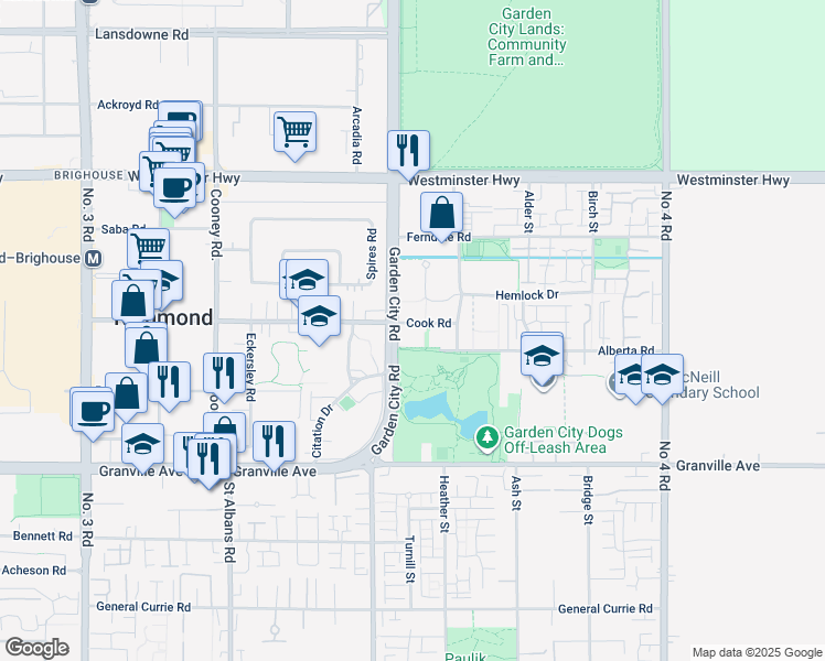 map of restaurants, bars, coffee shops, grocery stores, and more near 9188 Cook Road in Richmond
