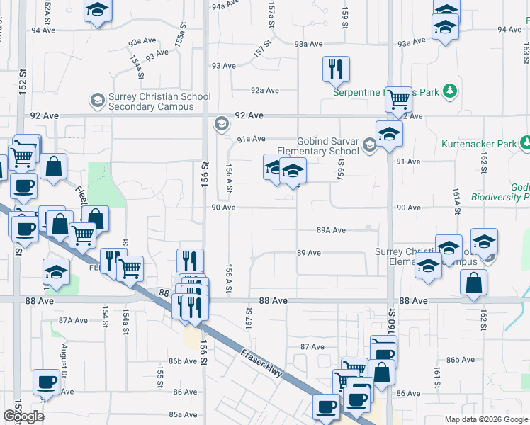 map of restaurants, bars, coffee shops, grocery stores, and more near 15728 90 Avenue in Surrey