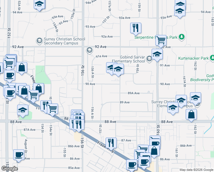 map of restaurants, bars, coffee shops, grocery stores, and more near 15728 90 Avenue in Surrey
