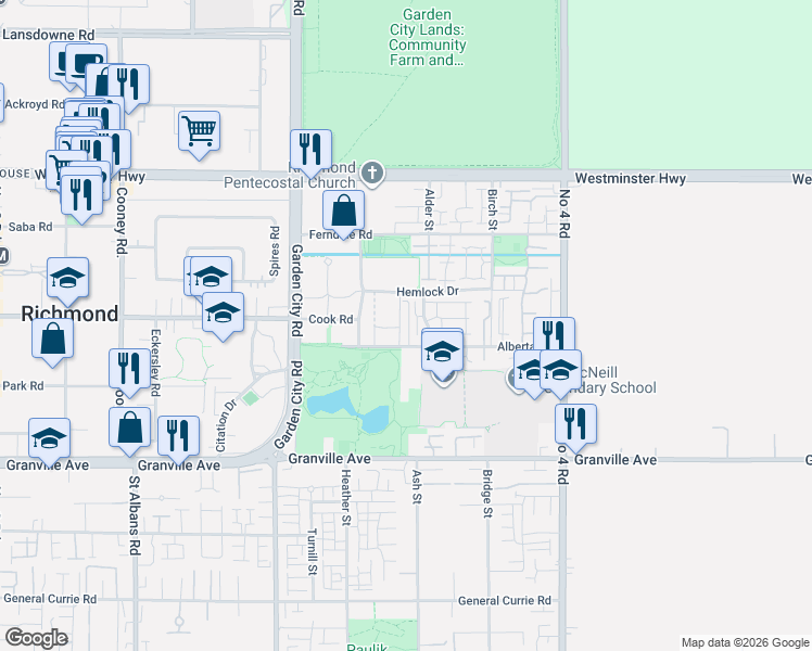 map of restaurants, bars, coffee shops, grocery stores, and more near 9391 Alberta Road in Richmond