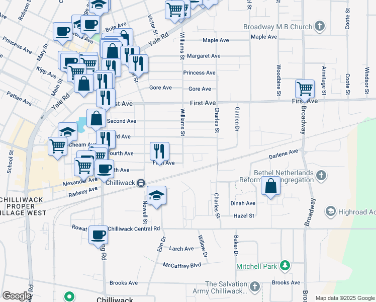map of restaurants, bars, coffee shops, grocery stores, and more near 46210 Third Avenue in Chilliwack