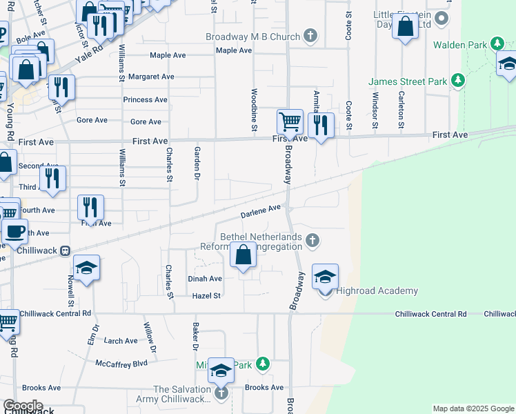 map of restaurants, bars, coffee shops, grocery stores, and more near 46533 Darlene Avenue in Chilliwack