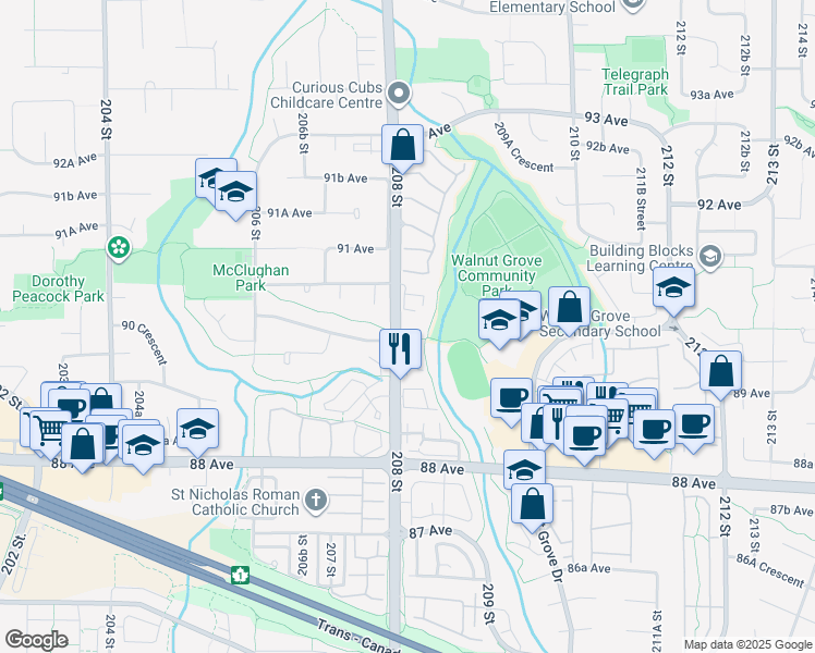map of restaurants, bars, coffee shops, grocery stores, and more near 9018 208 Street in Langley Township