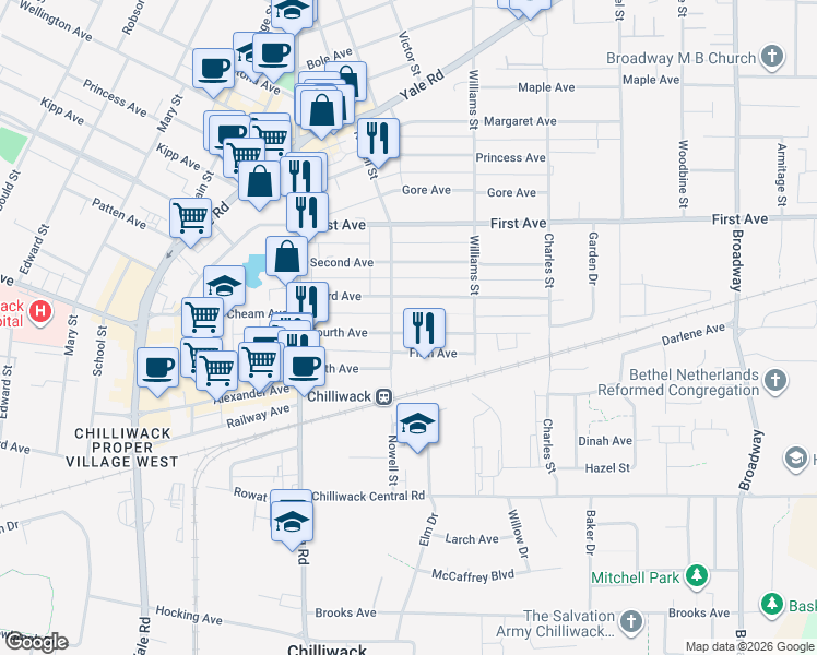 map of restaurants, bars, coffee shops, grocery stores, and more near 46121 Third Avenue in Chilliwack
