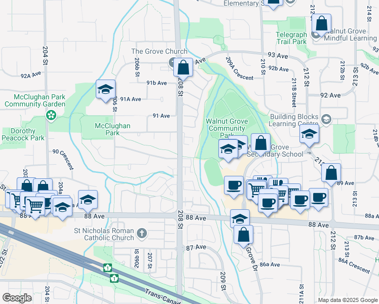 map of restaurants, bars, coffee shops, grocery stores, and more near 9018 208 Street in Langley Township