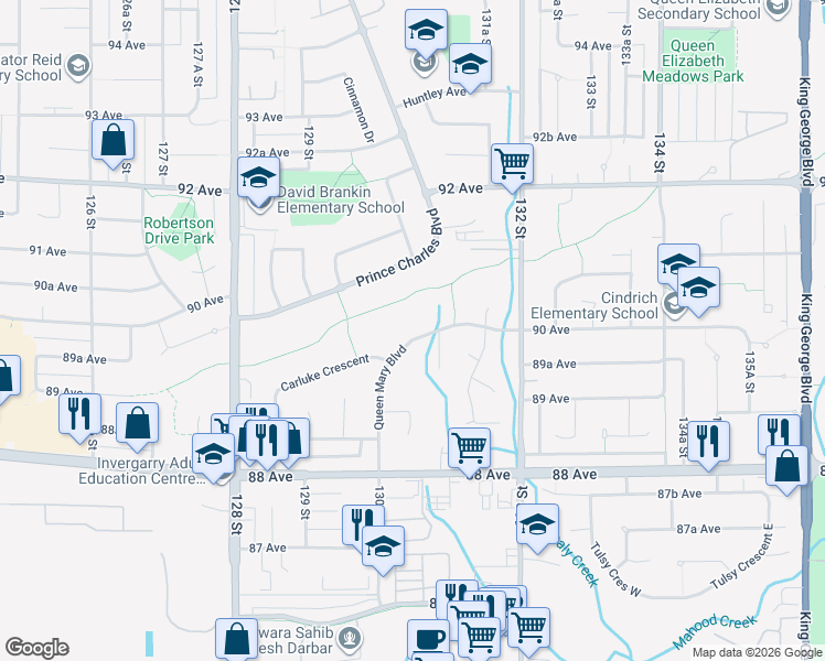 map of restaurants, bars, coffee shops, grocery stores, and more near 8979 Queen Mary Boulevard in Surrey