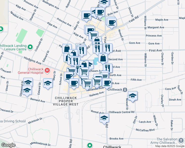 map of restaurants, bars, coffee shops, grocery stores, and more near 45882 Cheam Avenue in Chilliwack