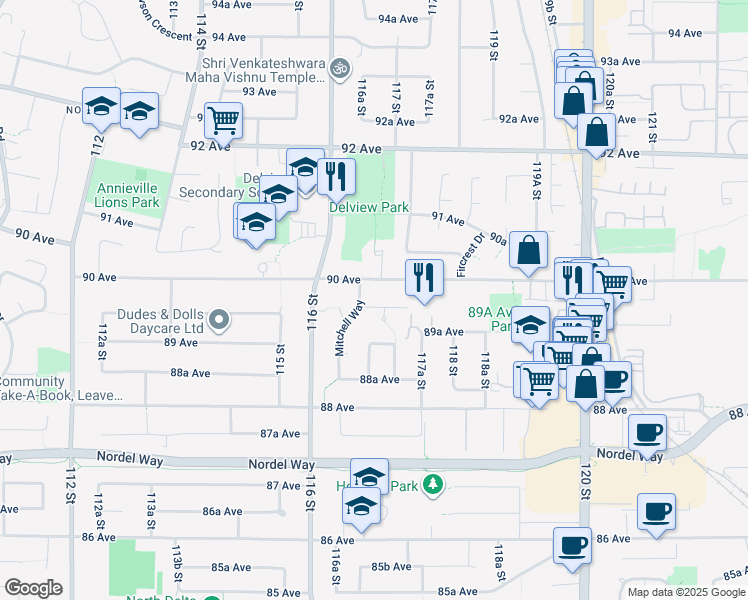 map of restaurants, bars, coffee shops, grocery stores, and more near 11663 89A Avenue in Delta