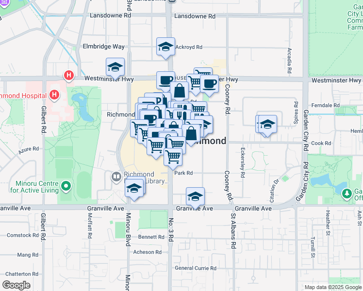 map of restaurants, bars, coffee shops, grocery stores, and more near in Richmond