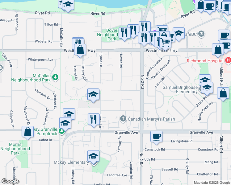 map of restaurants, bars, coffee shops, grocery stores, and more near 6331 Dover Road in Richmond