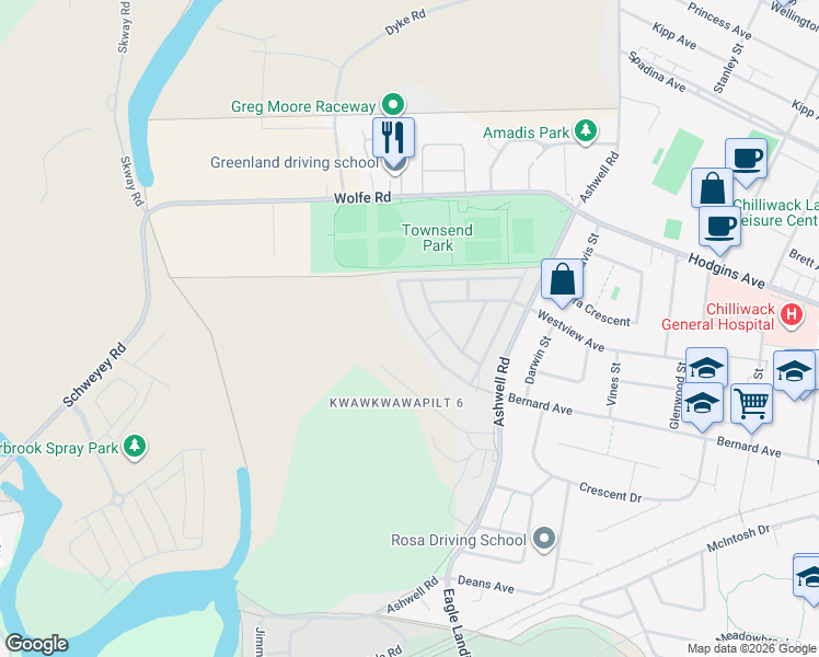 map of restaurants, bars, coffee shops, grocery stores, and more near 8945 Ashwell Road in Chilliwack