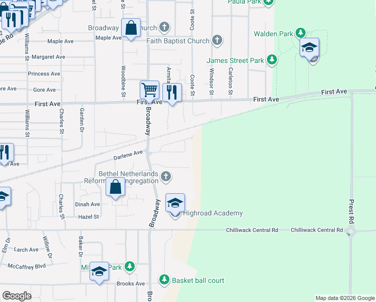 map of restaurants, bars, coffee shops, grocery stores, and more near 46684 Arbutus Avenue in Chilliwack