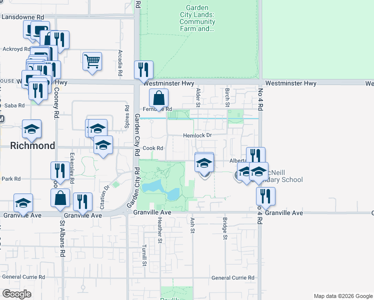 map of restaurants, bars, coffee shops, grocery stores, and more near 9391 Alberta Road in Richmond