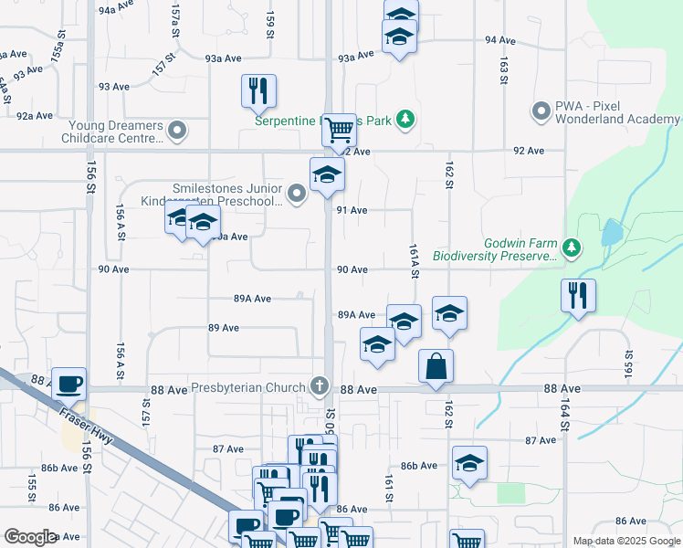 map of restaurants, bars, coffee shops, grocery stores, and more near 16012 90 Avenue in Surrey