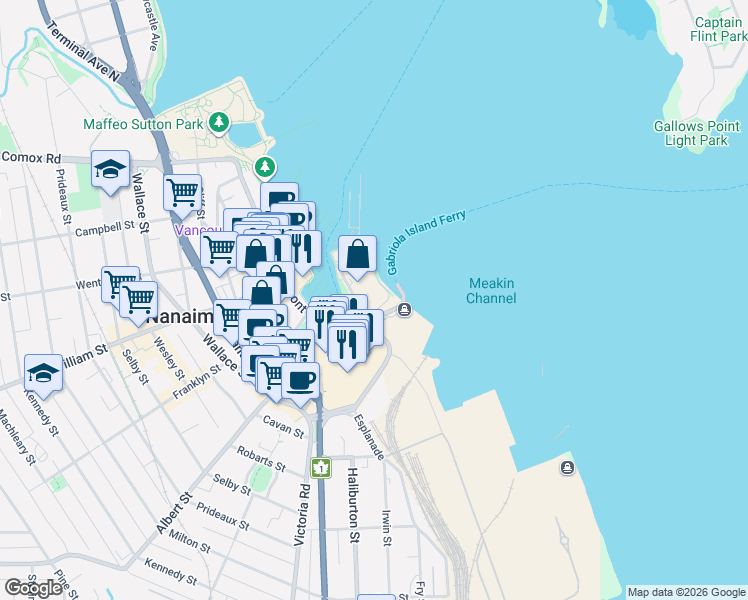 map of restaurants, bars, coffee shops, grocery stores, and more near 158 Promenade Drive in Nanaimo