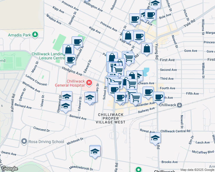 map of restaurants, bars, coffee shops, grocery stores, and more near 45863 Yale Road in Chilliwack