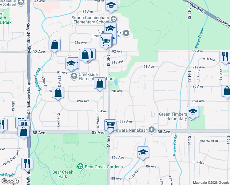 map of restaurants, bars, coffee shops, grocery stores, and more near in Surrey