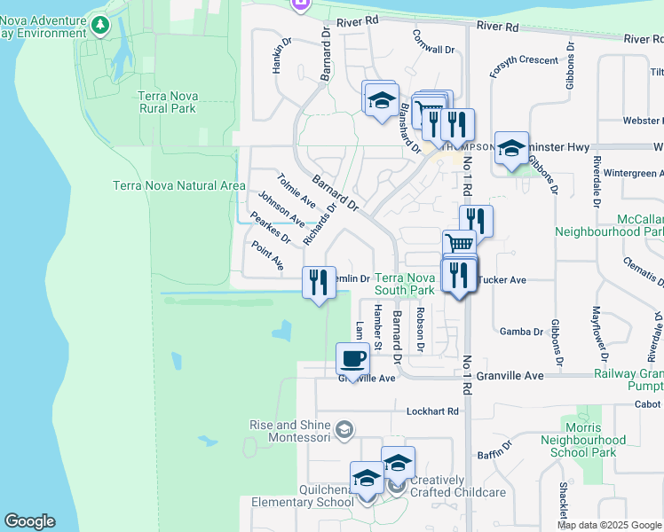 map of restaurants, bars, coffee shops, grocery stores, and more near 6028 Dunsmuir Crescent in Richmond