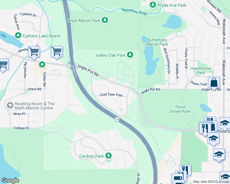 map of restaurants, bars, coffee shops, grocery stores, and more near 1936 Coal Tyee Trail in Nanaimo